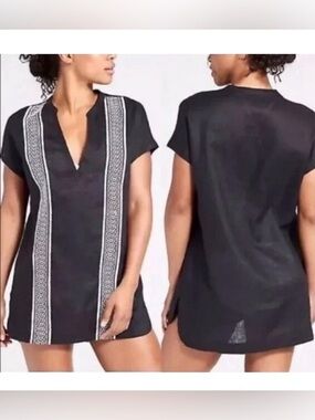 Athleta Column Embroidery Luxe Kaftan Coverup Womens Small Linen Tunic Top Black